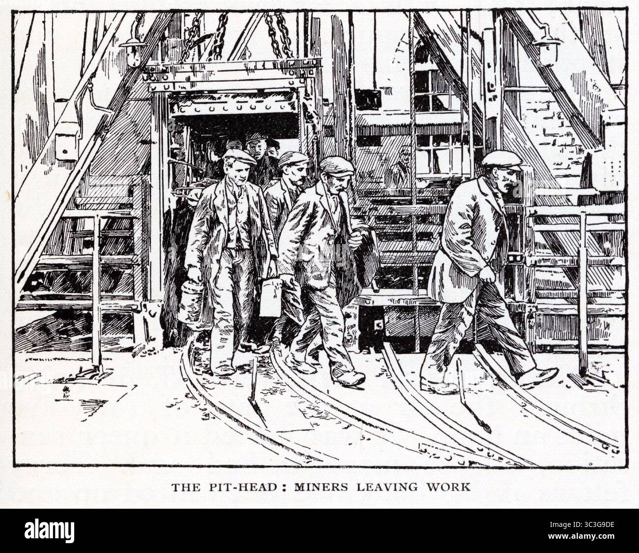 I minatori di carbone lasciano la testa del pozzo nel nord dell'Inghilterra, dal libro Through the North Country di H. Russell Ford, pubblicato da Humphrey Milford nel 1931 come un volume in una serie di lettori di Herbert Strang Foto Stock