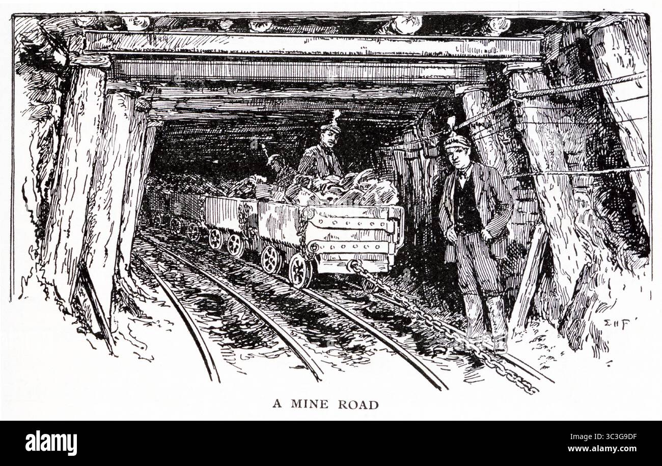 I minatori di carbone lavorano sottoterra nel nord dell'Inghilterra, dal libro Through the North Country di H. Russell Ford, pubblicato da Humphrey Milford nel 1931 come un volume in una serie di lettori di Herbert Strang Foto Stock