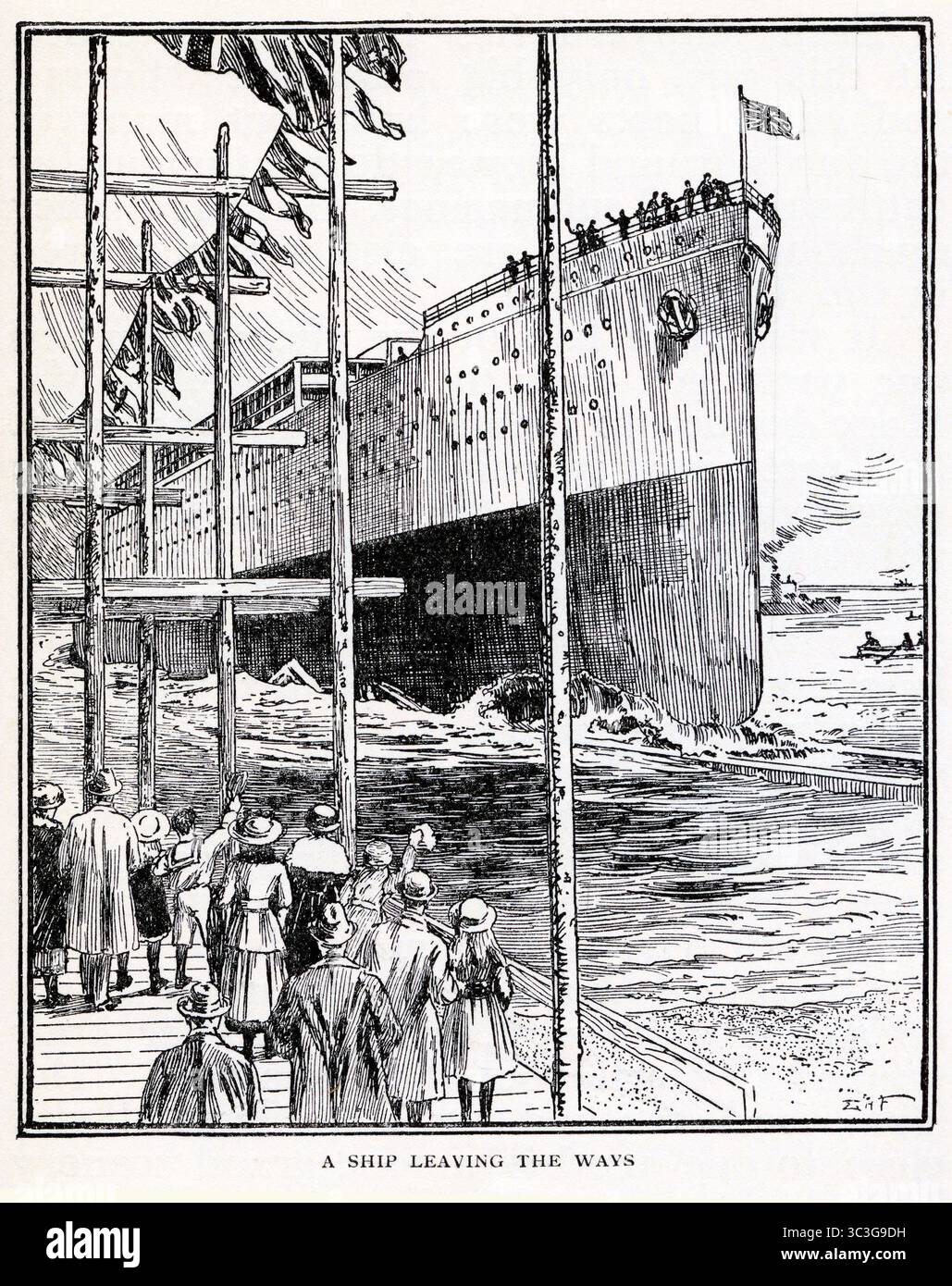 Le persone ondeggiano come una nave parte per il suo viaggio, dal libro Through the North Country di H. Russell Ford, pubblicato da Humphrey Milford nel 1931 come un volume in una serie di lettori di Herbert Strang Foto Stock