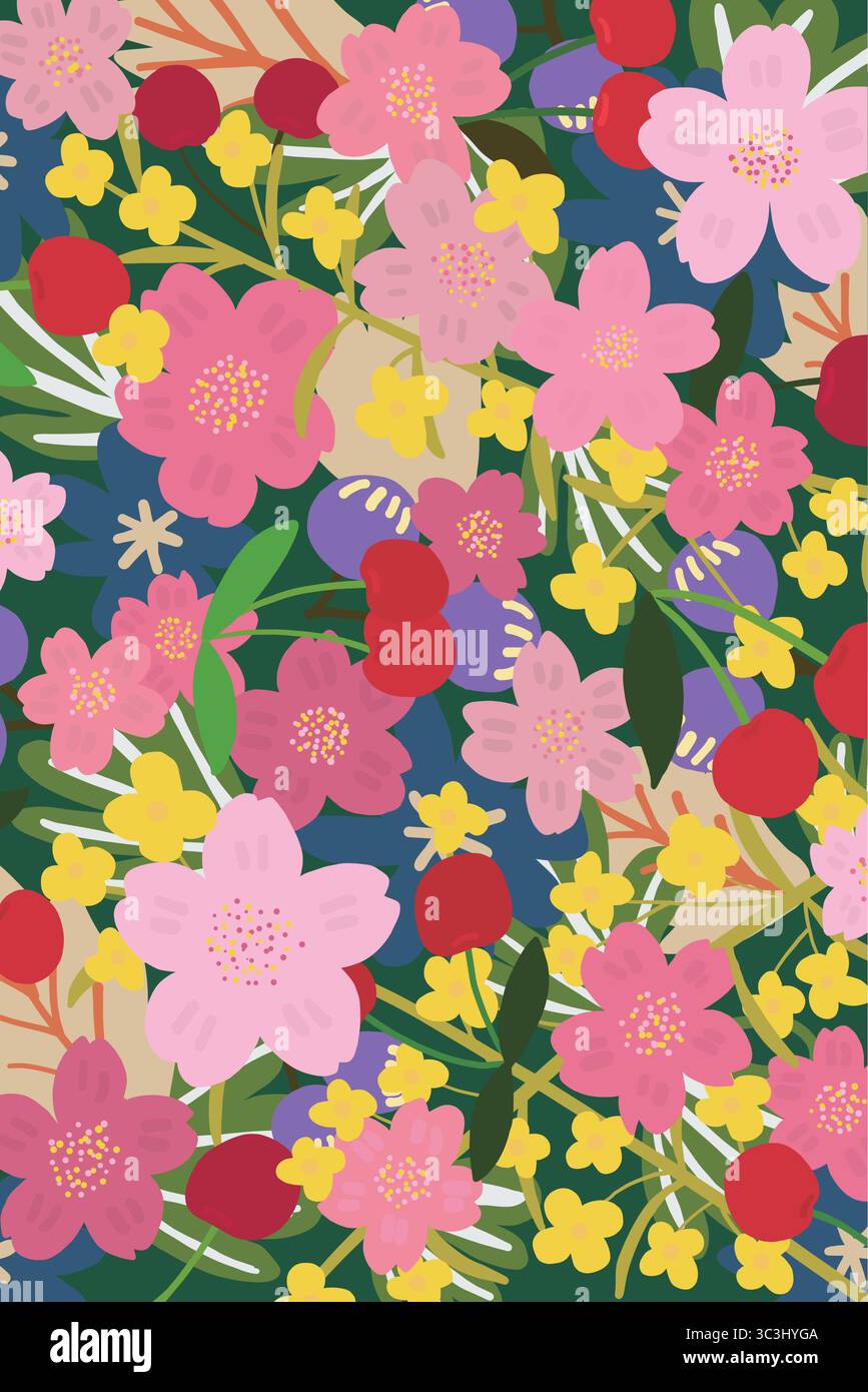 Motivo vettoriale luminoso con fiori di ciliegio e fiori primaverili in rosa, giallo e verde su sfondo verde scuro. Completamente modificabile e scalabile Illustrazione Vettoriale