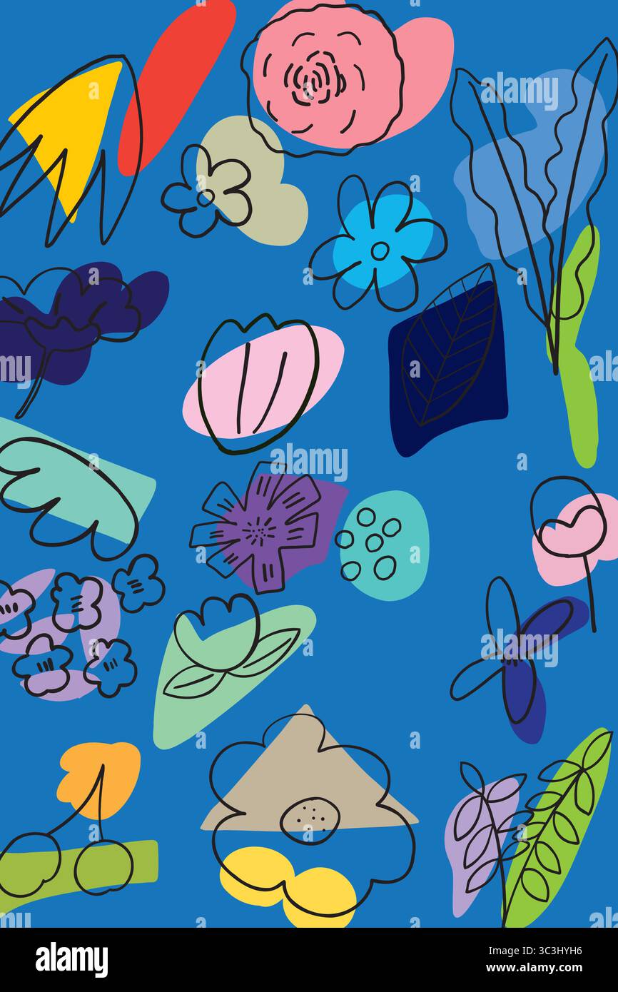 Motivo vettoriale artistico con elementi floreali astratti disegnati a mano e audaci blocchi di colore su sfondo blu. Completamente modificabile e scalabile Illustrazione Vettoriale