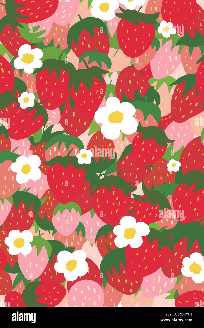 Motivo vettoriale senza cuciture di fragole rosse e fiori bianchi su sfondo rosa. Perfetto per tessuti, imballaggi e design estivi. Illustrazione Vettoriale