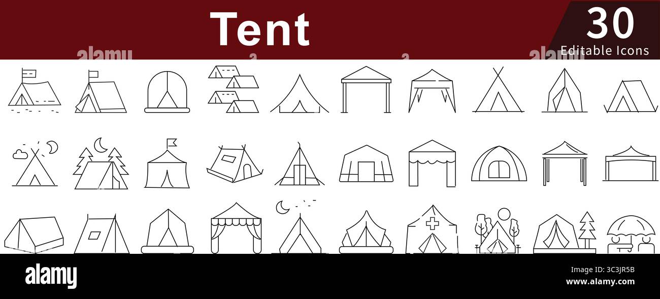 Icone della linea modificabile della tenda impostate per le attività di campeggio, all'aperto, avventura e riparo Illustrazione Vettoriale