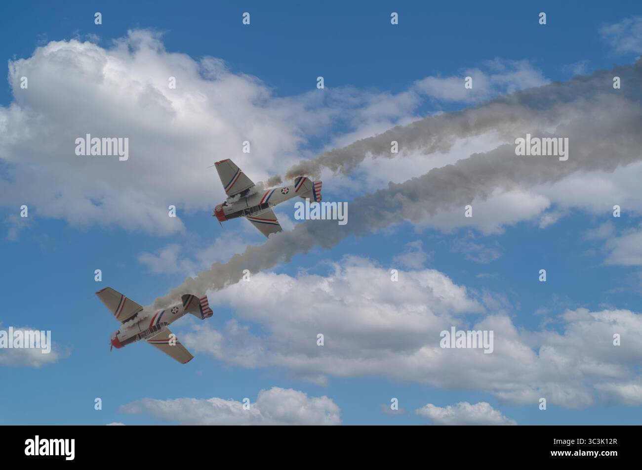 Due uccelli da guerra ad elica eseguono un anello sincronizzato durante il Wings Over Wayne Air Show del 2023 presso la Seymour Johnson Air Force base nella North Carolin Foto Stock