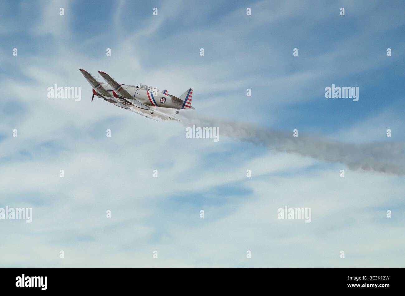 Due aerei texani T-6 volano in stretta formazione fianco a fianco, lasciando tracce di fumo leggere durante il Wings Over Wayne Air Show del 2023 alla Seymour Johnson AF Foto Stock