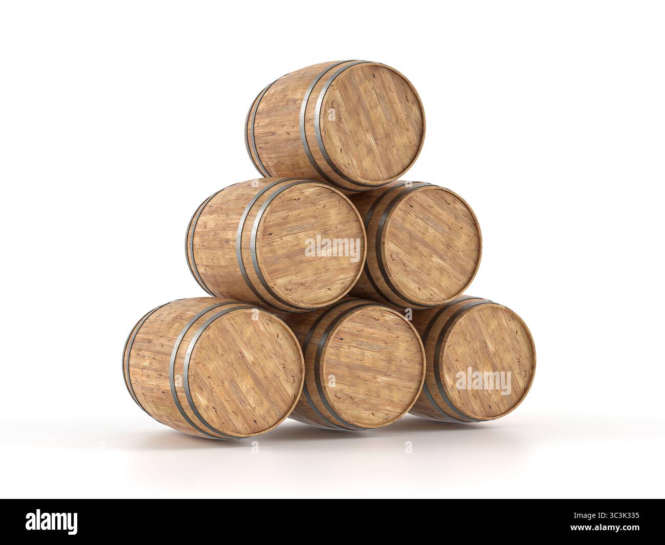 Botti di legno su sfondo bianco. illustrazione 3d. Foto Stock