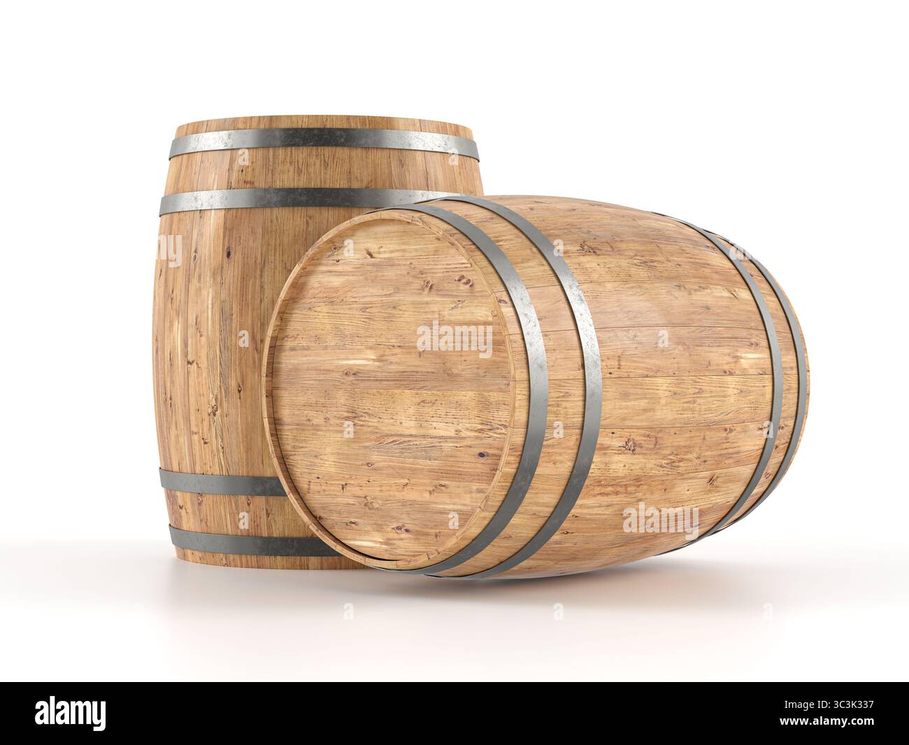 Botti di legno su sfondo bianco. illustrazione 3d. Foto Stock