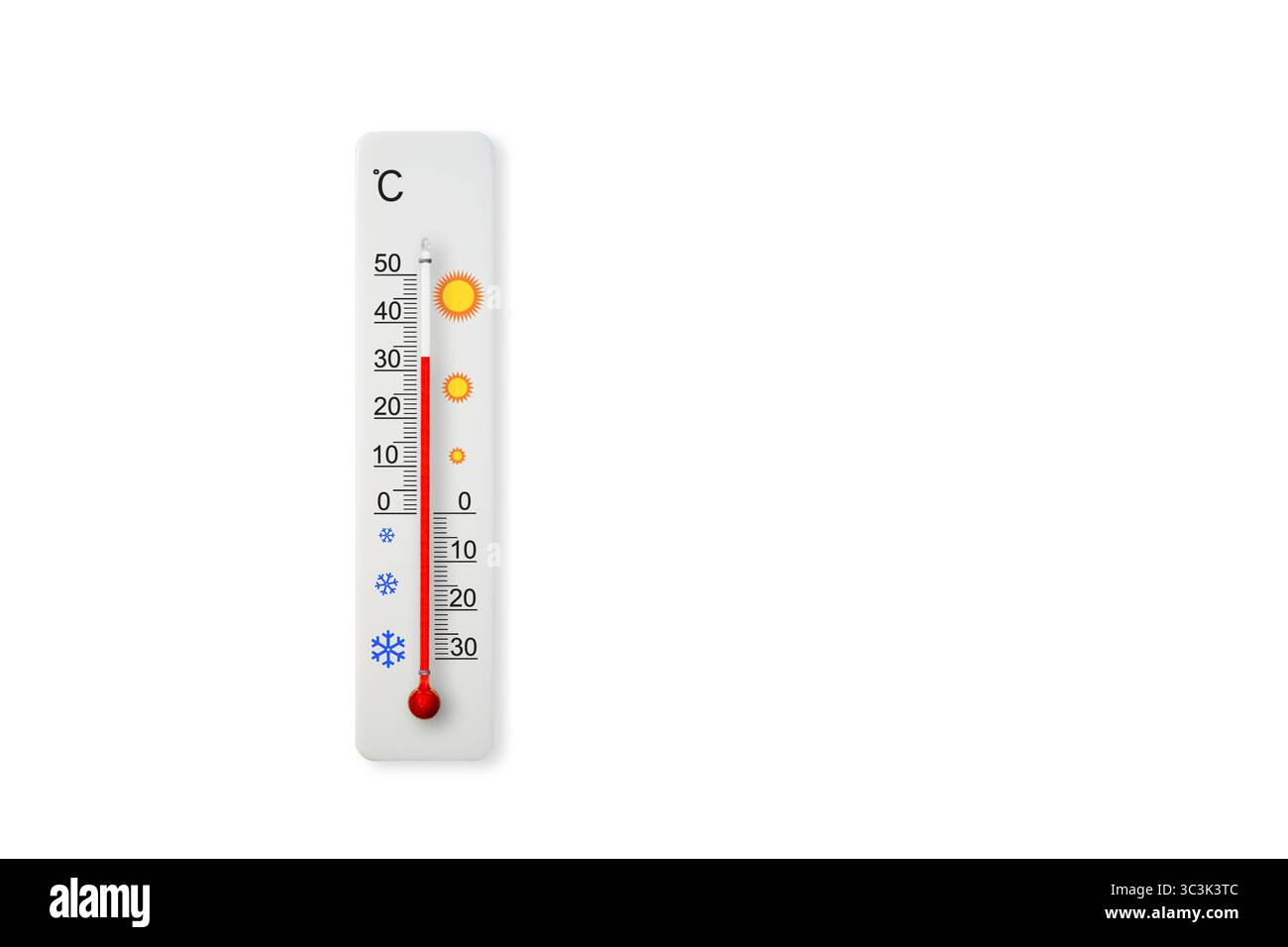 Termometro bianco con scala celsius isolato su sfondo bianco. Temperatura ambiente più 33 gradi celsius Foto Stock Termometro bianco con scala celsius isolato su sfondo bianco. Temperatura ambiente più 33 gradi celsius Foto Stock