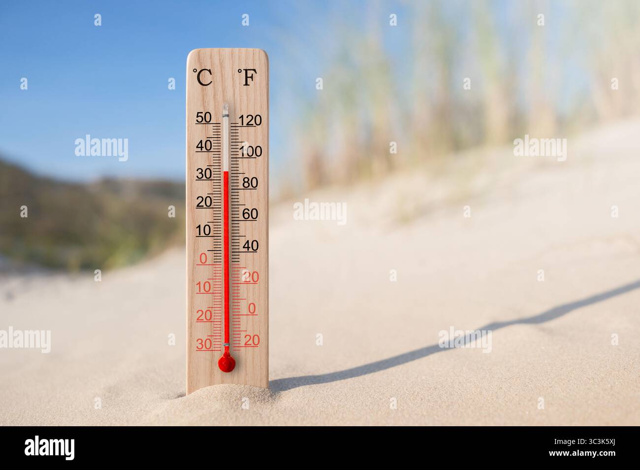 Termometro in legno con scala celsius e fahrenheit nella sabbia. Temperatura ambiente più 33 gradi. Caldo giorno d'estate Foto Stock Termometro in legno con scala celsius e fahrenheit nella sabbia. Temperatura ambiente più 33 gradi. Caldo giorno d'estate Foto Stock
