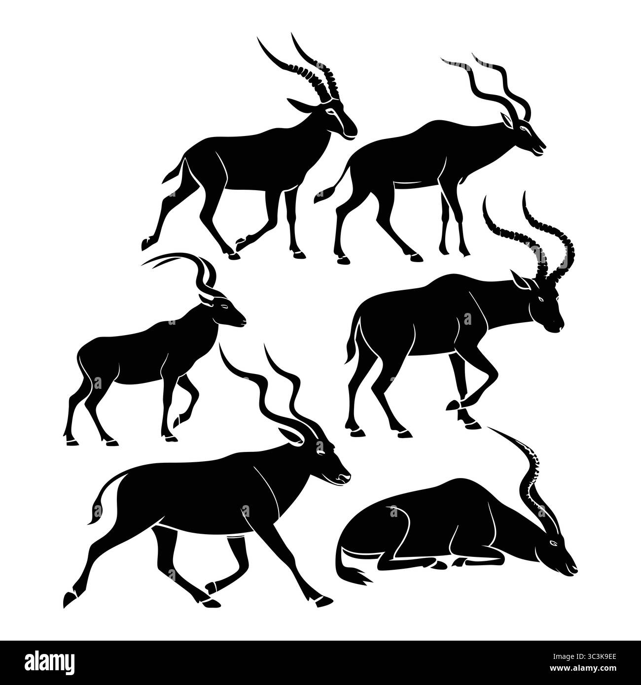 Collezione di silhouette con varie antilopi Addax in stili artistici Illustrazione Vettoriale