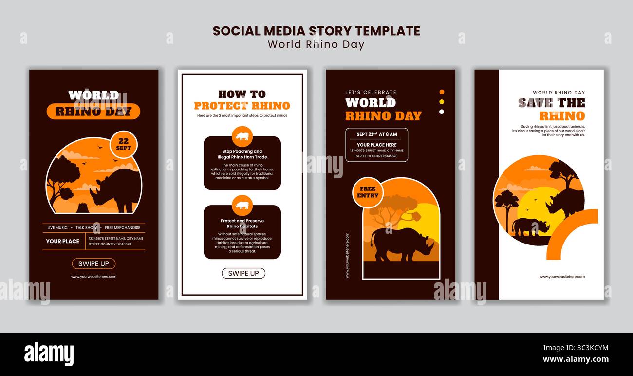 Salvare l'illustrazione del modello Rhino Social Media Stories in stile Flat Cartoon Illustrazione Vettoriale