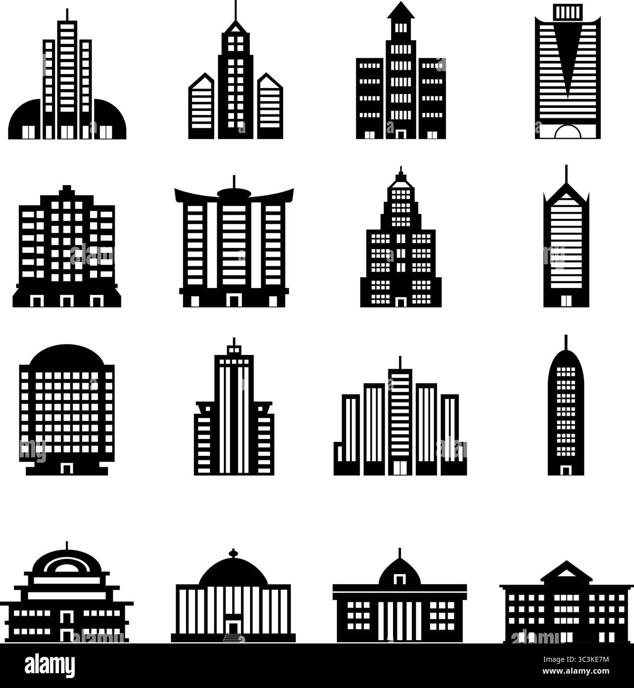 Insieme di edifici vettoriali. bianco e nero Illustrazione Vettoriale