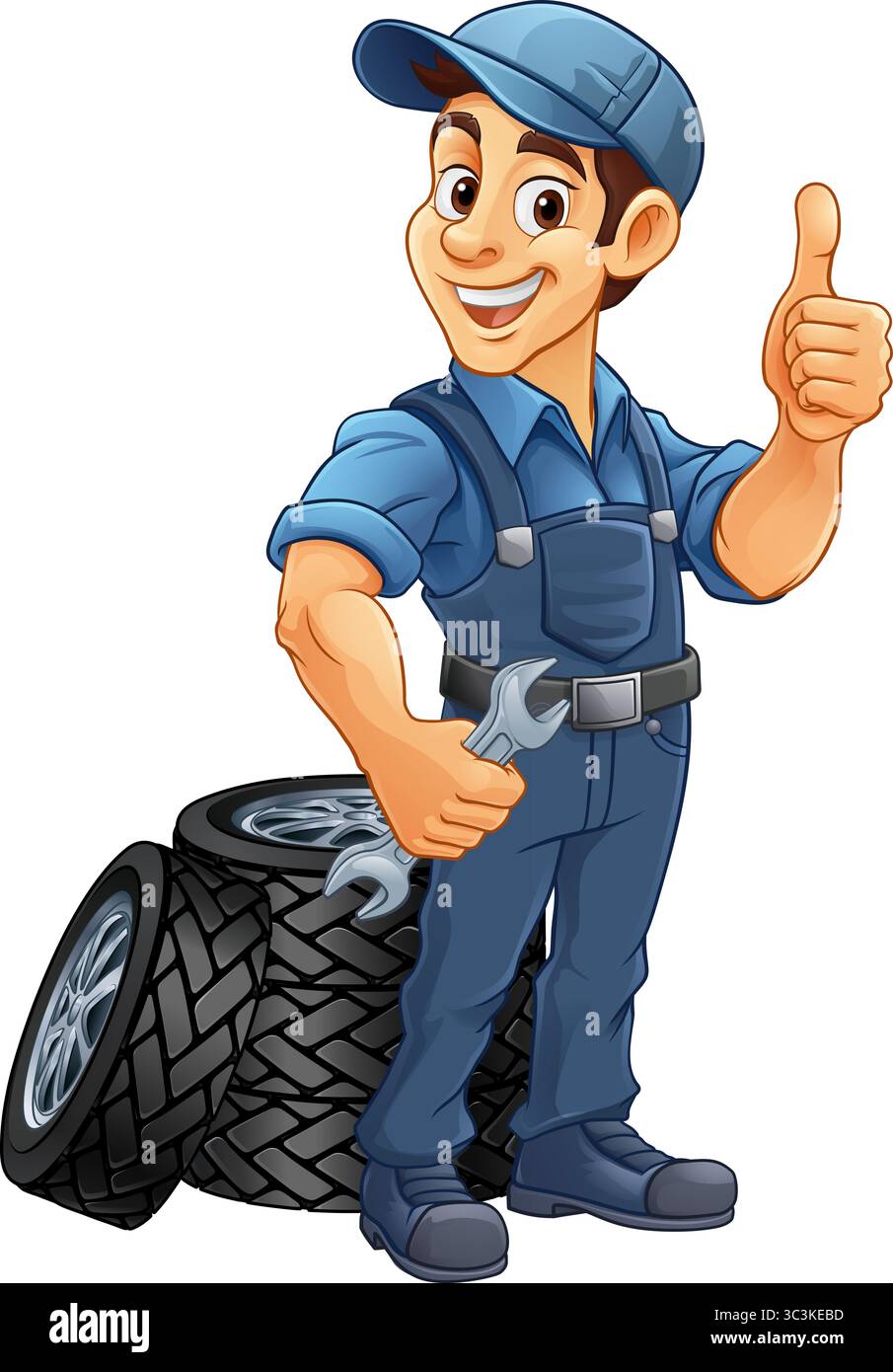 Pneumatico pneumatico meccanico per l'assistenza auto Mascotte Cartoon Man Illustrazione Vettoriale