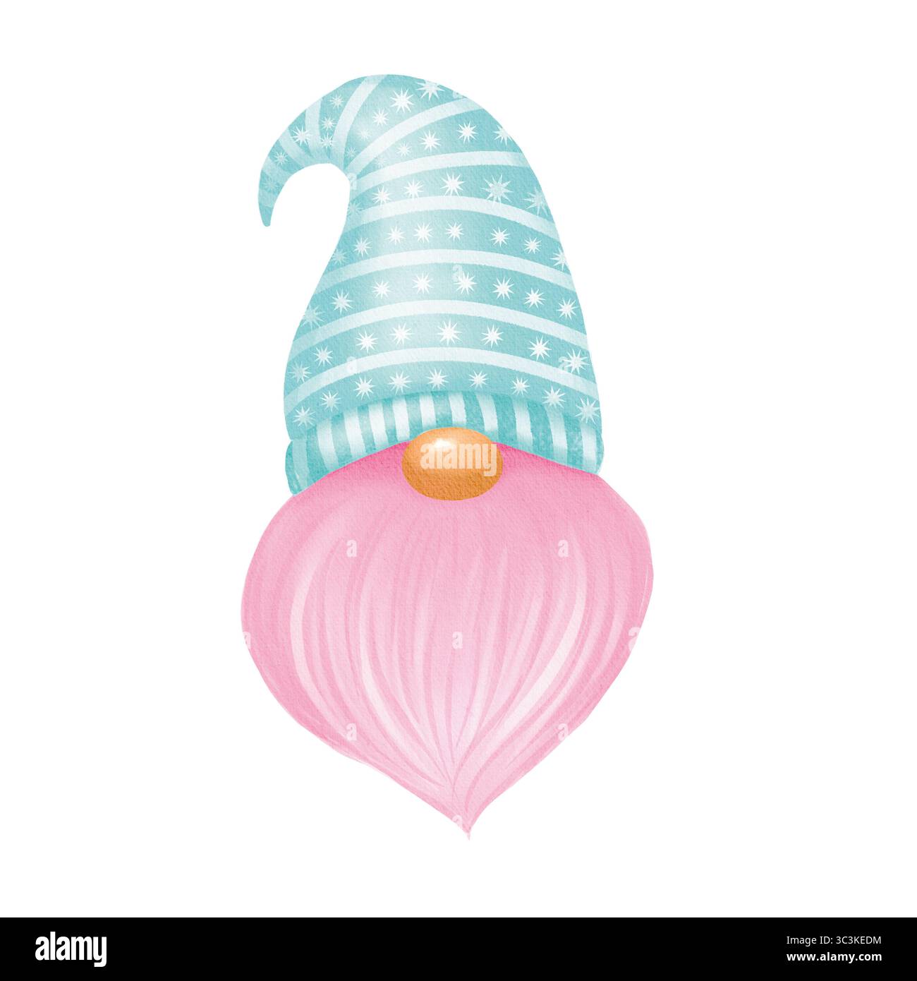 Illustrazione ad acquerello di una testa di gnomo con barba rosa e cappello turchese. Design carino e stravagante Foto Stock