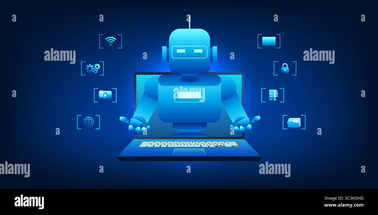 Il robot che emerge dal notebook rappresenta l'arrivo dell'intelligenza artificiale come assistente intelligente, ma è un'intelligenza artificiale autentica che può analizzare Illustrazione Vettoriale