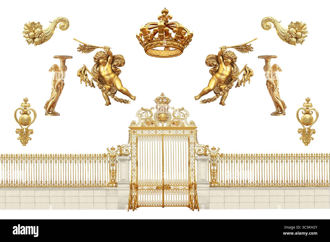 Set di frammenti di porte dorate al castello di Versailles, isolate su sfondo bianco Foto Stock