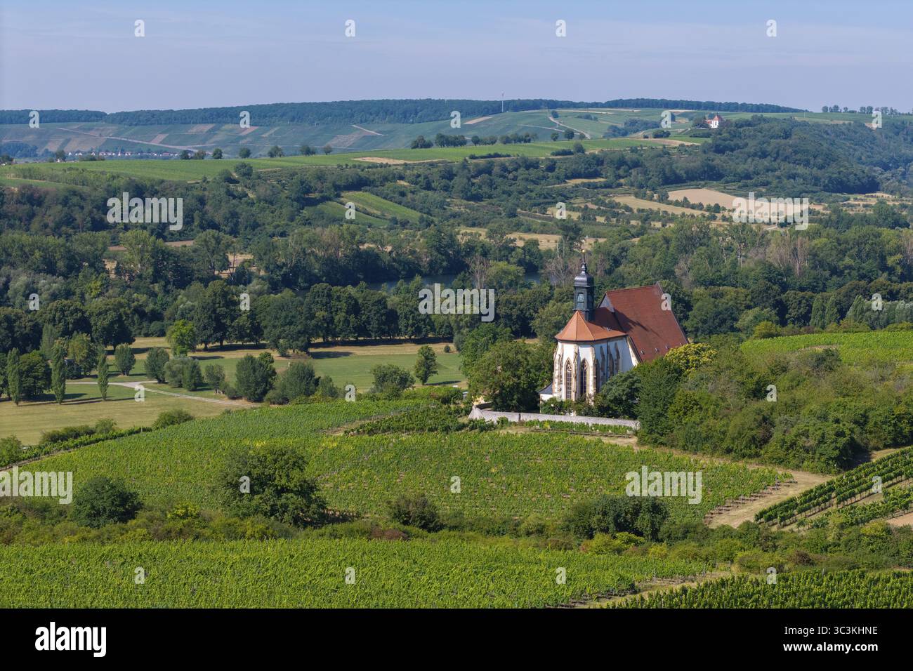 Chiesa di pellegrinaggio Maria im Weingarten, tra verdi vigneti e dolci colline in un paesaggio rurale estivo, vista aerea, vicino a Volkach am Main, in basso Foto Stock