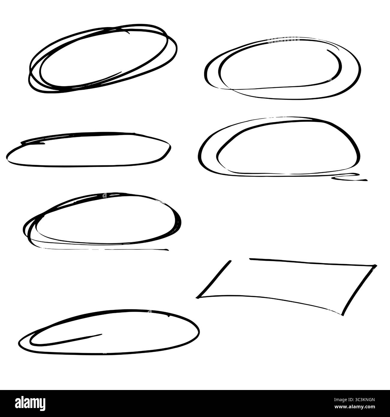 Linea circolare, stile disegnato a mano, schizzo in bianco e nero. Illustrazione vettoriale. Il doodle è in forma di cerchi di forme diverse, isolati sul bianco Illustrazione Vettoriale