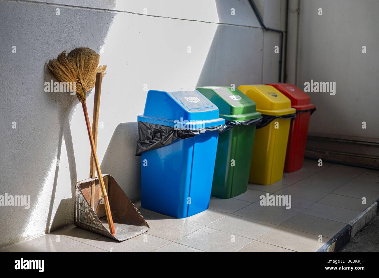 Taniche colorate per lo smistamento del cestino che mostrano il riciclaggio e un esperto ecologico per campagne ambientali, progetti di sostenibilità o. Foto Stock