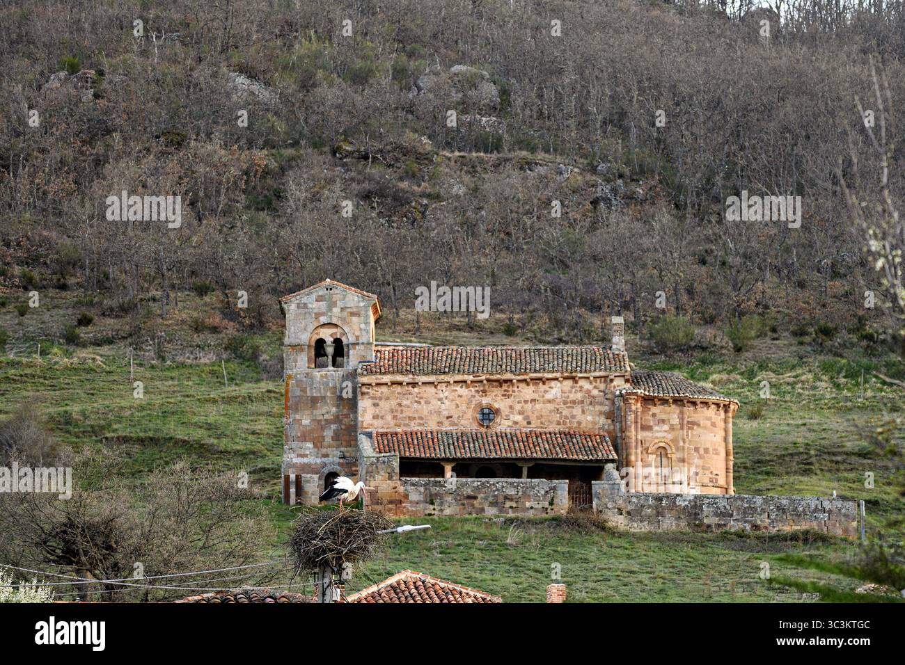 Storica chiesa romanica con pareti in pietra, tetto in piastrelle rosse e campanile annidato nella campagna di Palencia. Foto Stock