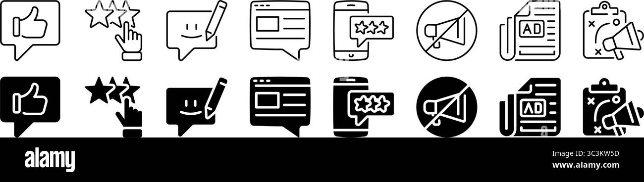 Set di icone per il marketing e il coinvolgimento dei social media. Stile lineare e di silhouette. Illustrazione Vettoriale