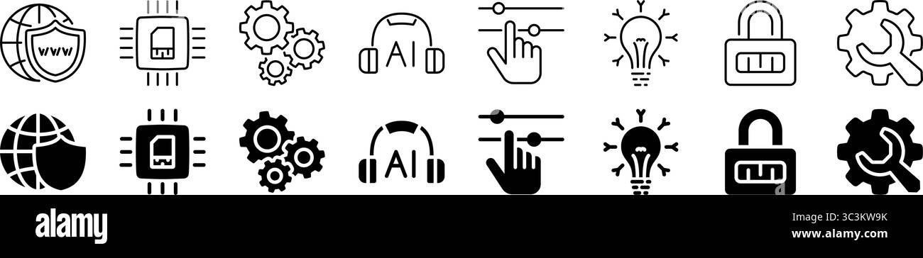 Relativo al set di sicurezza Internet. Tecnologia AI, impostazioni, microchip, innovazione. Illustrazione Vettoriale