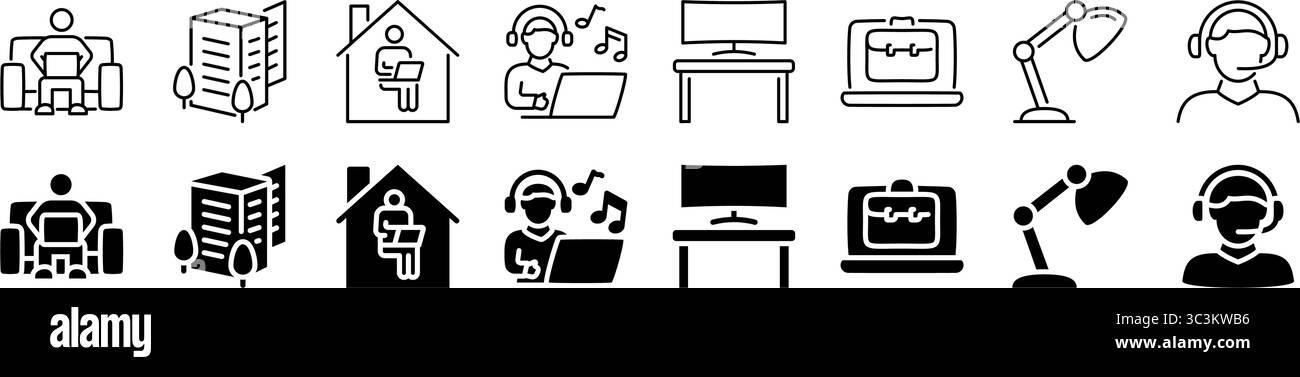 Set di icone per il lavoro da remoto e l'ufficio da casa. Stile lineare e di silhouette. Illustrazione Vettoriale