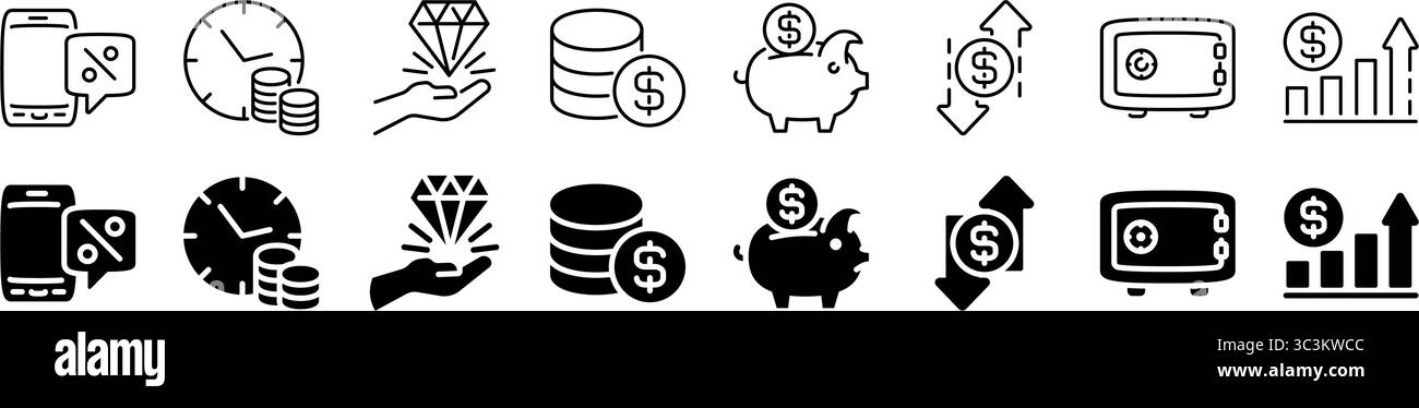Set di icone finanziarie. Simbolo bancario e di investimento. Stile lineare e di silhouette. Illustrazione Vettoriale