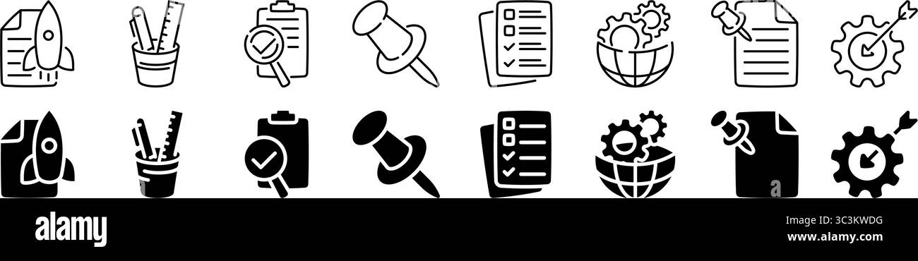Set di icone per la produttività e l'organizzazione in ufficio. Stile lineare e di silhouette. Illustrazione Vettoriale