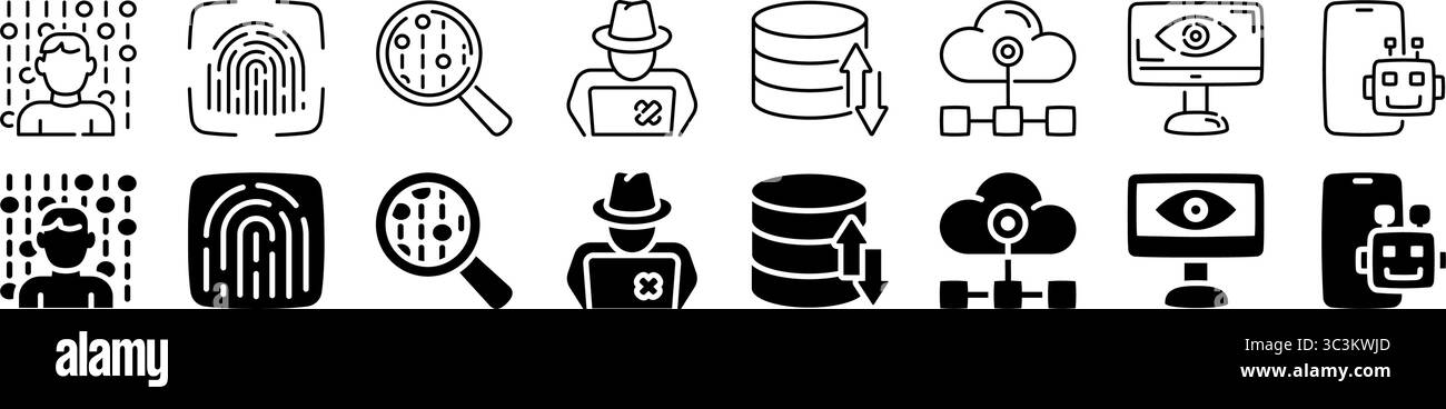 Set di icone di sicurezza informatica e identità. Stile lineare e di silhouette. Illustrazione Vettoriale