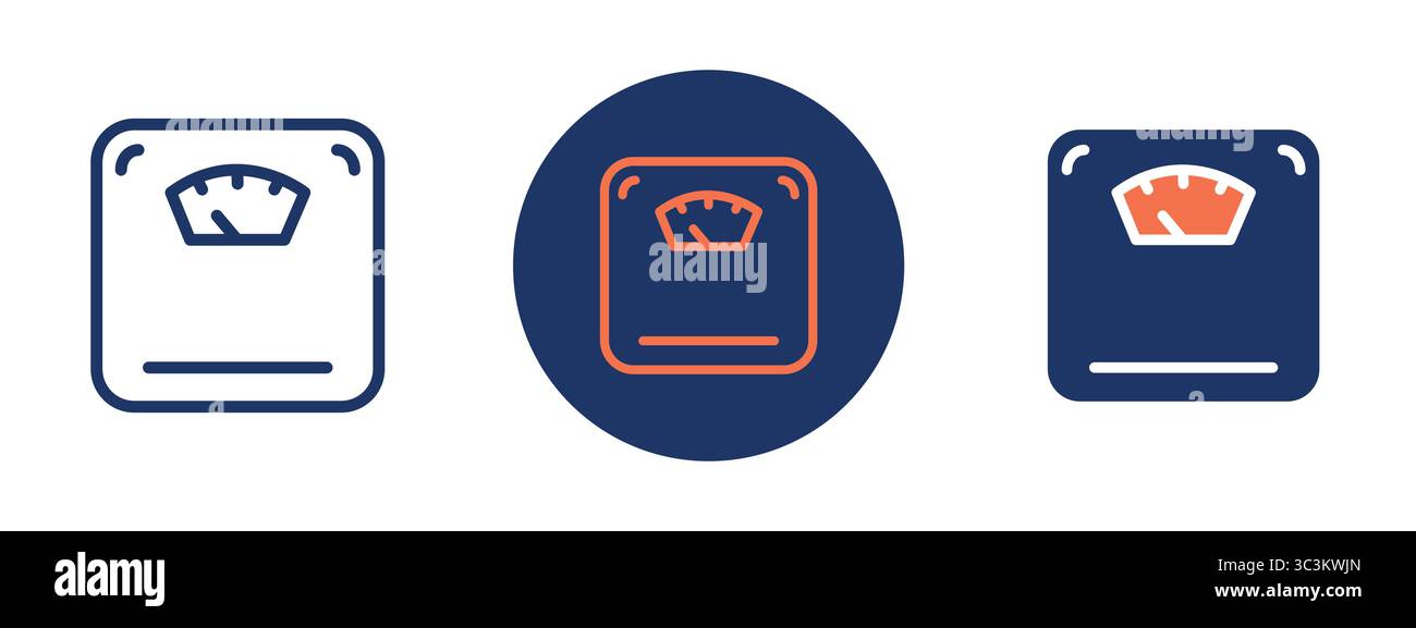 Tre diverse scale sono visualizzate in una riga. La prima scala è una scala digitale con sfondo bianco. La seconda scala è una scala analogica tradizionale Illustrazione Vettoriale