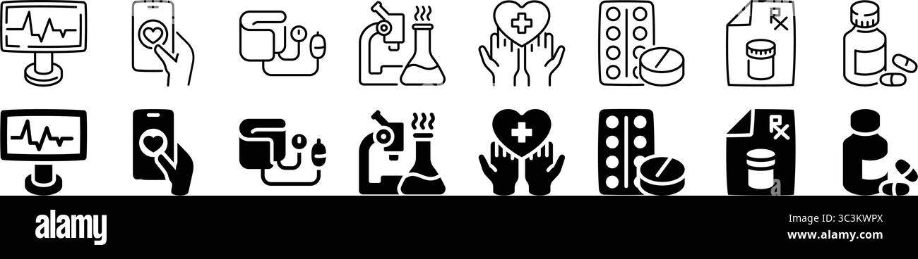 Diagnostica medica e set di icone farmaceutiche. Stile lineare e di silhouette. Illustrazione Vettoriale