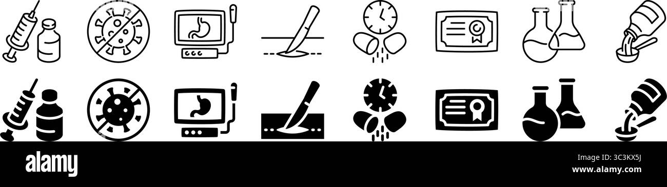 Trattamento medico e set di icone farmaceutiche. Stile lineare e di silhouette. Illustrazione Vettoriale