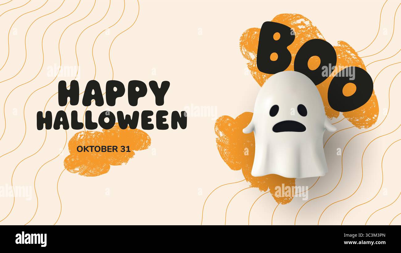 Poster orizzontale di Halloween con fantasma 3D spaventato, testo BOO e texture disegnate a mano su sfondo pastello. Design divertente e spettrale per la stagione Illustrazione Vettoriale