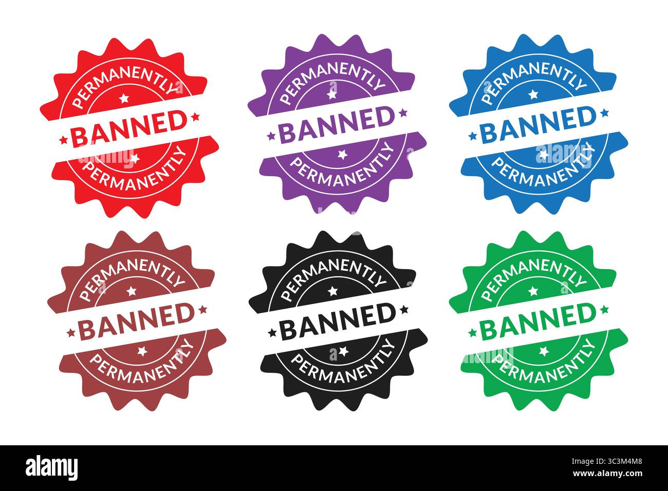 Set di illustrazioni vettoriali di timbri in gomma permanentemente vietato, design di insegne rotonde vietate. Set di icone di etichette colorate e vietate in modo permanente Illustrazione Vettoriale