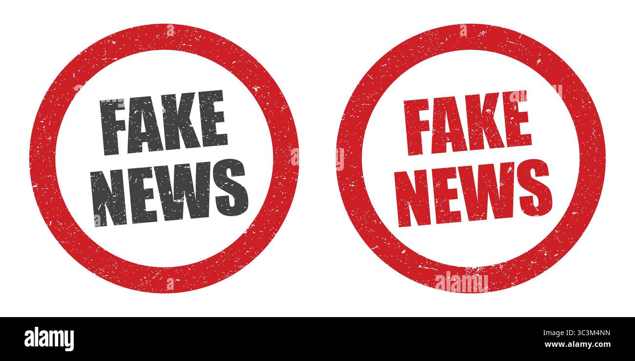 Immagine vettoriale etichetta con il simbolo rosso Fake News. Grunge Circular FAKE NEWS Stamp Vector Design nelle varianti rosso e nero Illustrazione Vettoriale