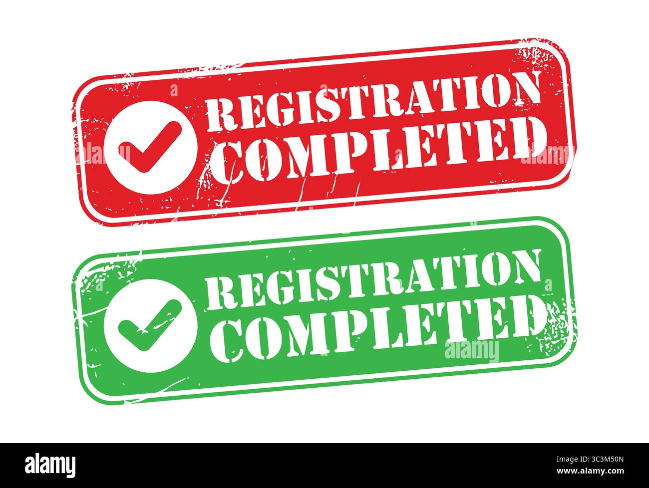 Set di icone del vettore timbro per l'approvazione e il progetto di conferma completato. Timbro registrato Illustrazione Vettoriale