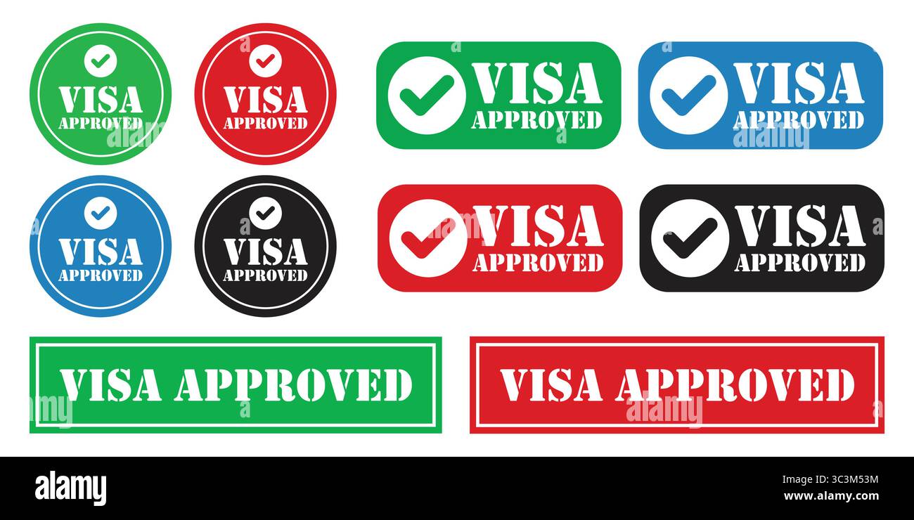 Set di icone vettoriali con timbro approvato da VISA in più colori e forme. Timbri vintage approvati VISA su sfondo bianco Illustrazione Vettoriale