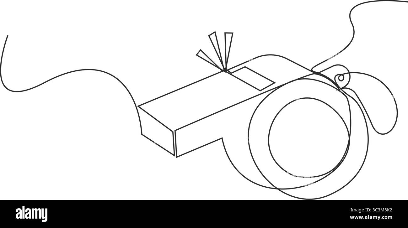Disegno continuo su una linea dell'icona del fischio sportivo in silhouette su sfondo bianco. Lineare stilizzato, sport fischiare una linea art. Illustrazione Vettoriale
