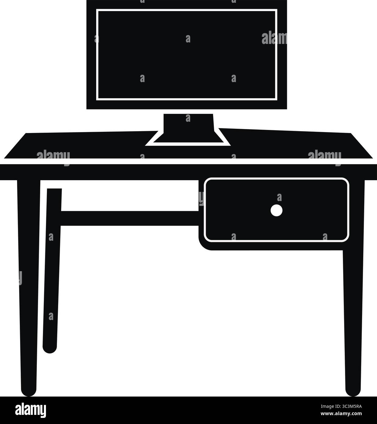 Semplice scrivania nera con silhouette, area di lavoro con computer, Vector. Illustrazione Vettoriale