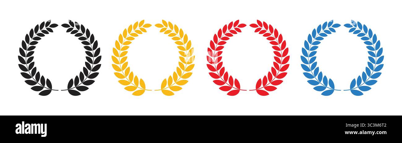 Icona vettoriale della corona di alloro in nero, giallo, rosso e blu per premi e risultati Illustrazione Vettoriale