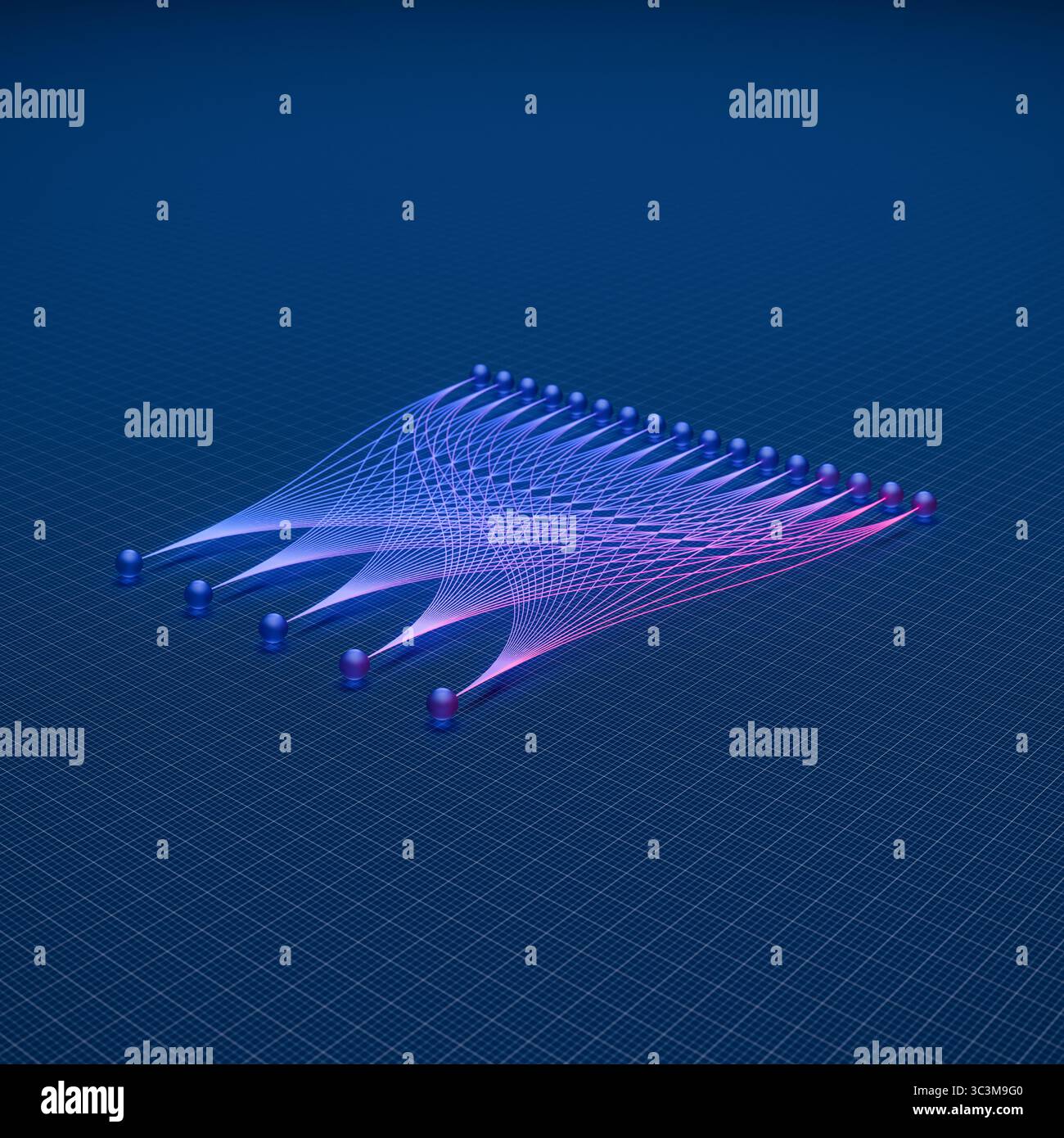 Concetto di intelligenza artificiale della rete neurale: Due livelli di input e output collegati ciascuno da spline bezier colorate Foto Stock