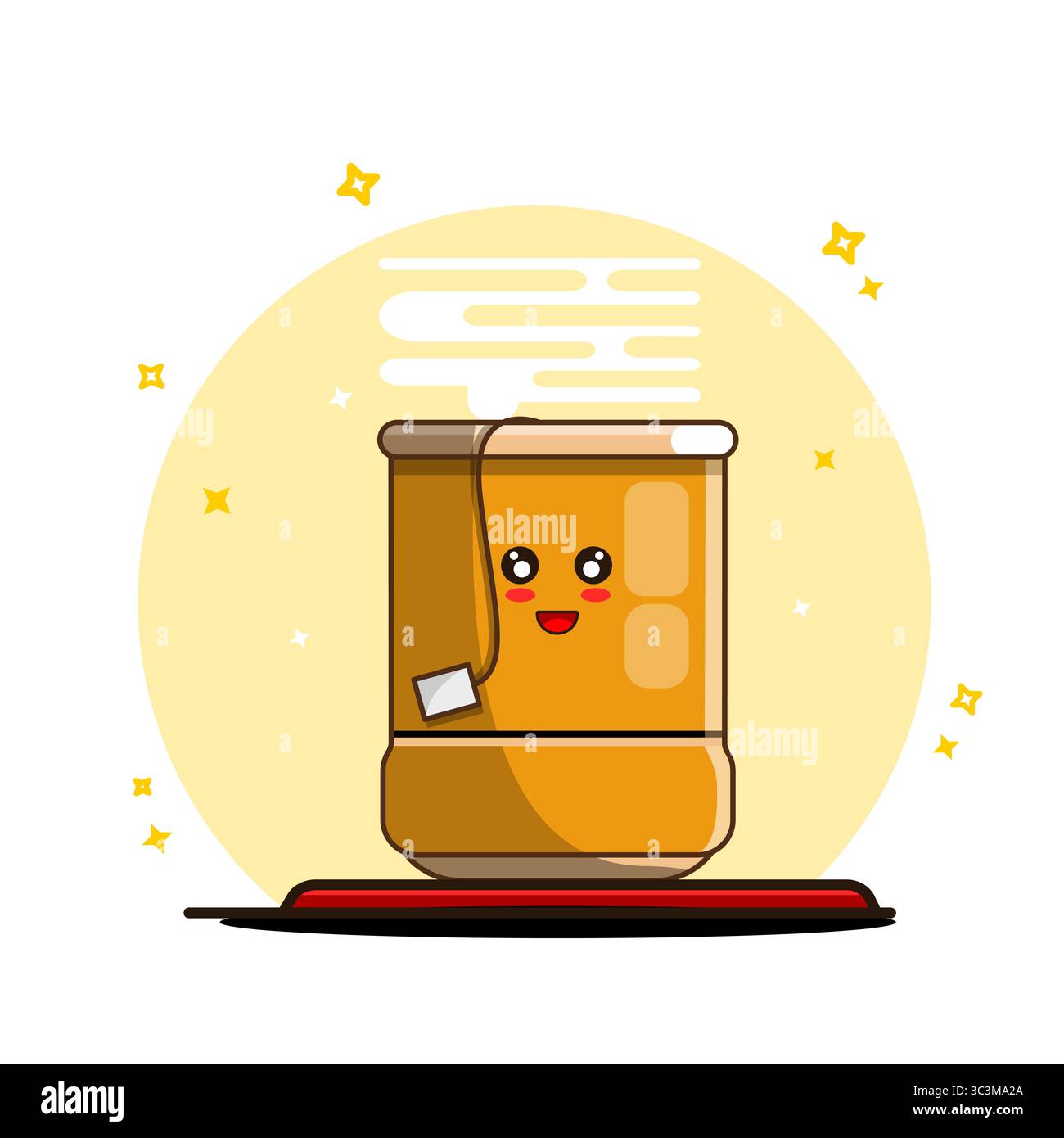 Carino cartone animato da tazza da tè con Happy Face e illustrazione vettoriale Steam Kawaii Design piatto Illustrazione Vettoriale