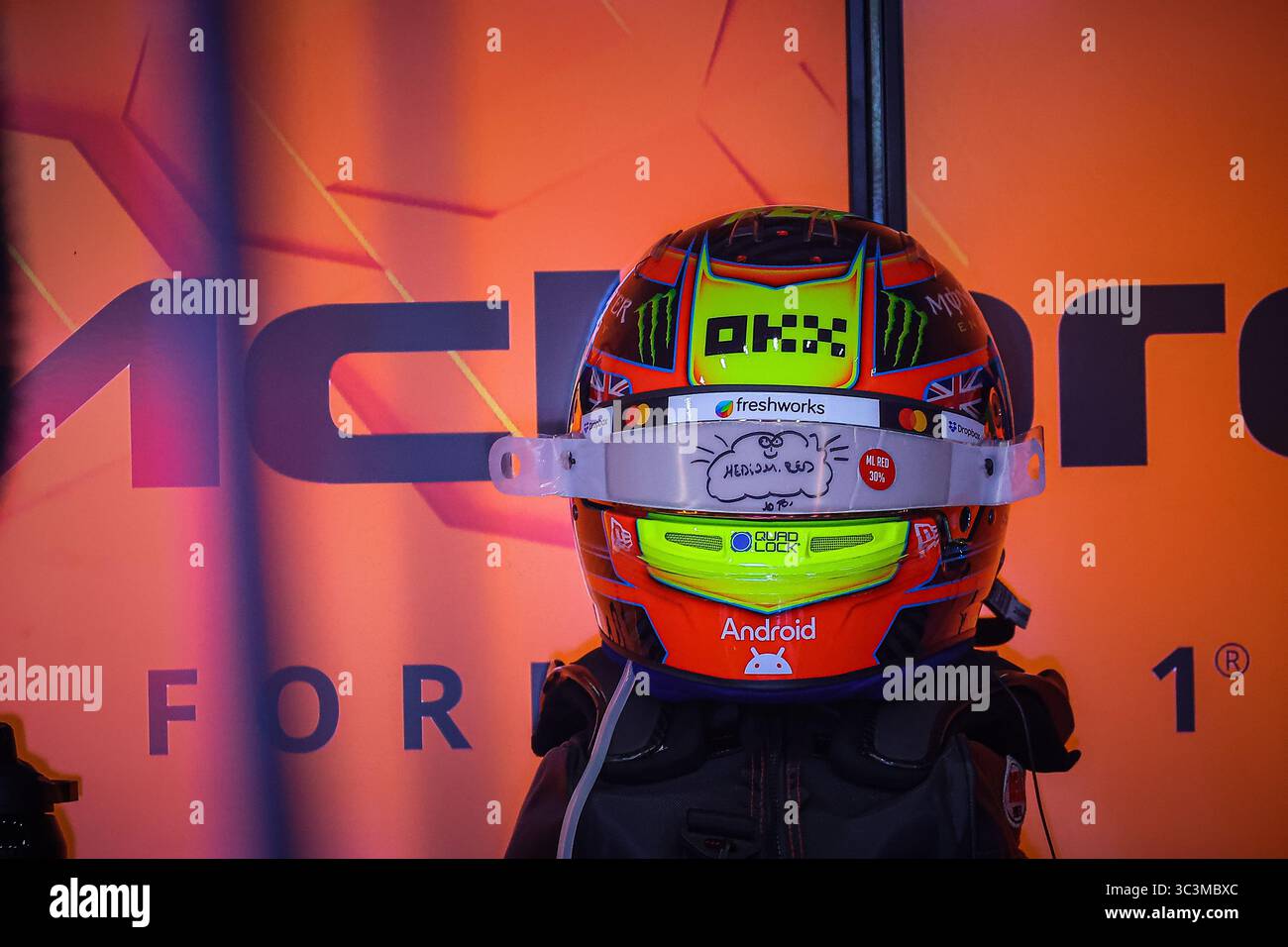 Oscar Piastri Helmet, durante il GP del Belgio, Spa-Francorchamps 24-27 luglio 2025 Formula 1 World Championship 2025. Foto Stock