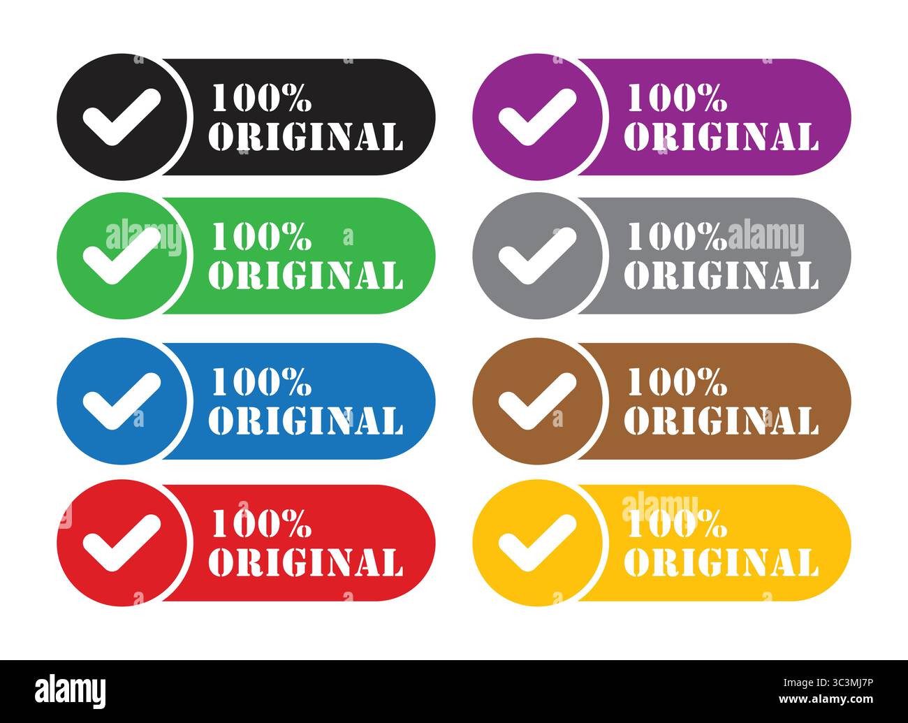 Icona dell'etichetta adesiva 100% originale naturale fatta a mano. Pulsante etichetta originale colorata al 100% illustrazione vettoriale con segni di spunta Illustrazione Vettoriale