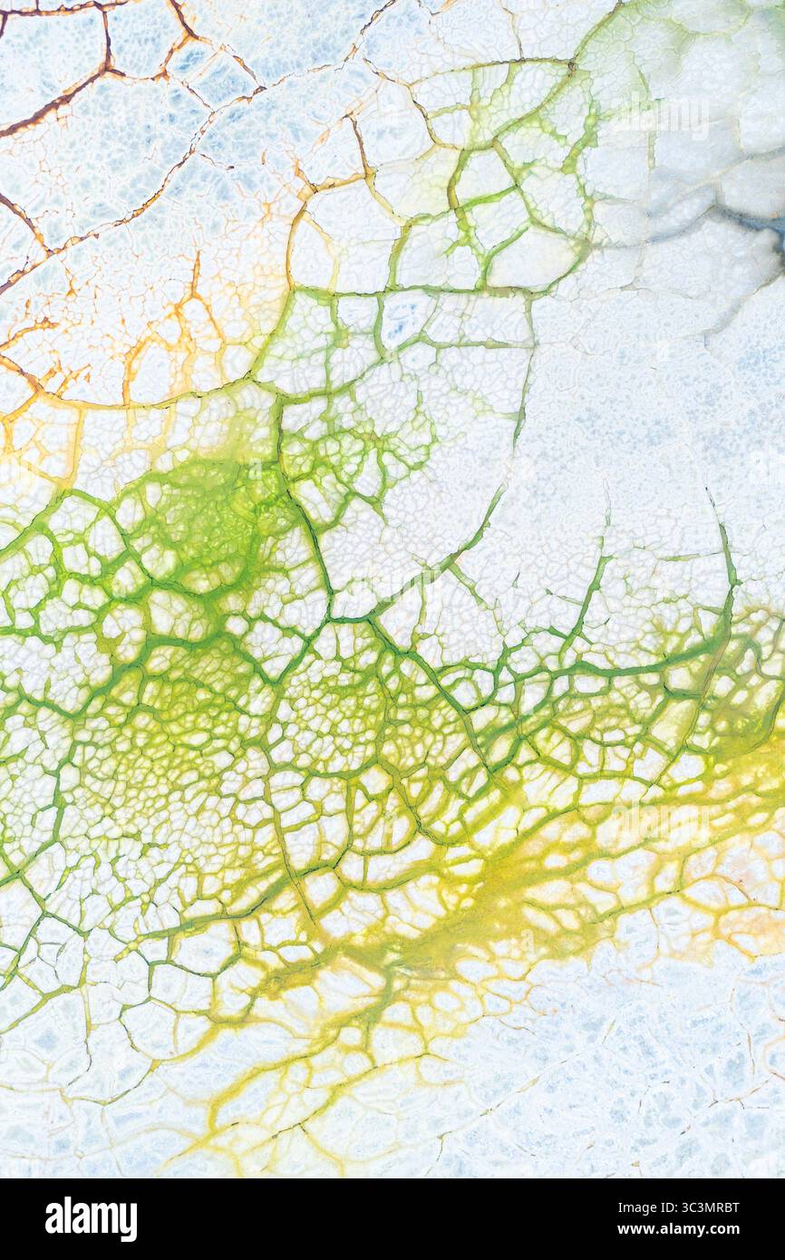 Vista aerea che cattura un paesaggio di fango vibrante e dipinto. I motivi colorati ricordano l'arte astratta, mostrando texture e topografia intricate Foto Stock