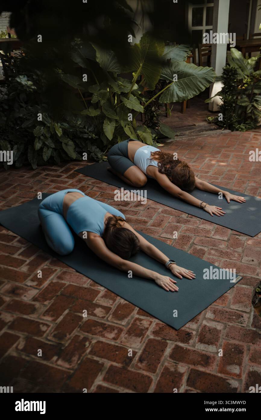 Due persone praticano yoga all'aperto su tappeti circondati da lussureggianti piante verdi, promuovendo la consapevolezza e la pace. La tranquilla scena è perfetta per i meditati Foto Stock