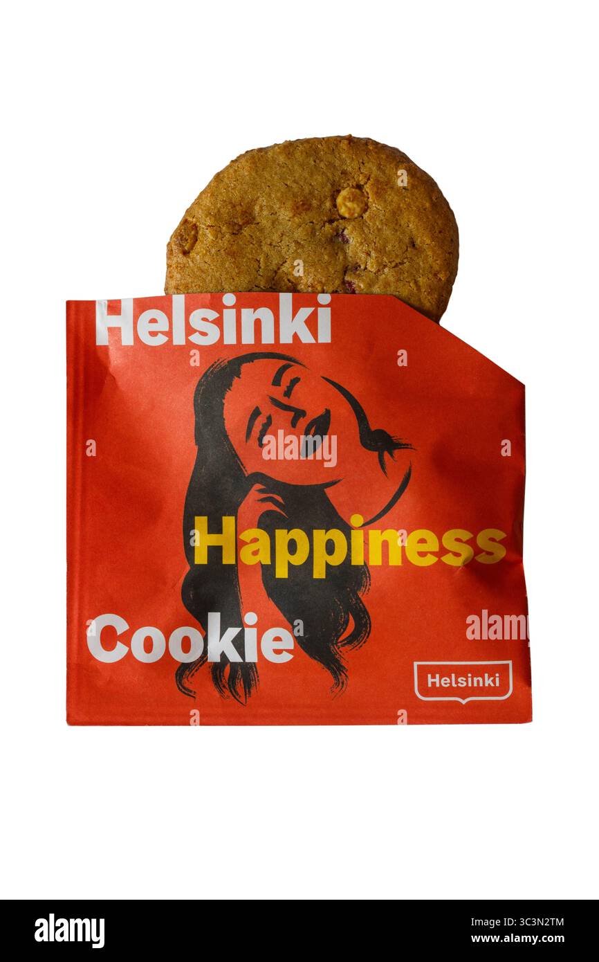 Pacchetto aperto di Helsinki Happiness Cookie isolato su sfondo bianco - Fortune cookie progettato per condividere la saggezza finlandese e promuovere la felicità Foto Stock Pacchetto aperto di Helsinki Happiness Cookie isolato su sfondo bianco - Fortune cookie progettato per condividere la saggezza finlandese e promuovere la felicità Foto Stock