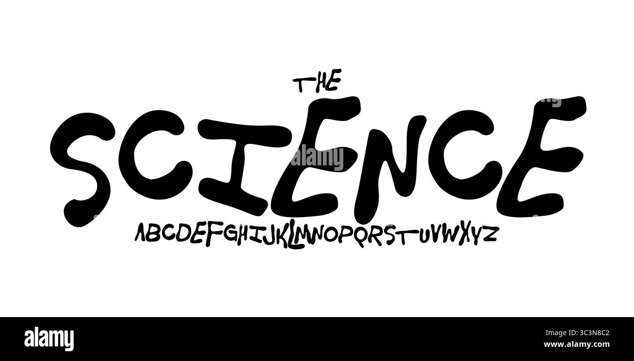 Font per l'educazione scientifica, alfabeto funky cartoni animati futuristico per titoli scientifici, logo educativo per bambini, tipografia di libri per bambini, divertimento Illustrazione Vettoriale