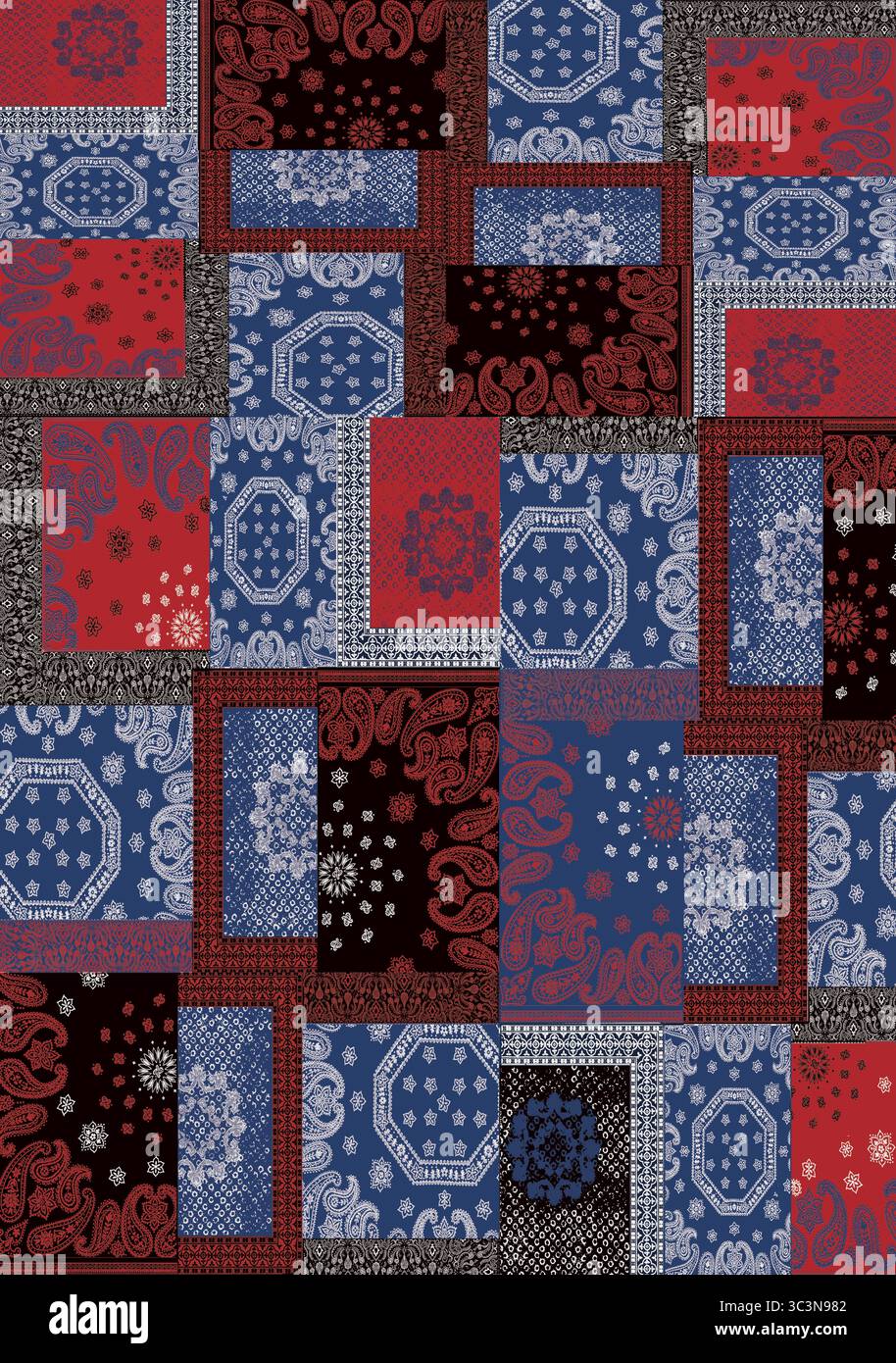 Un motivo patchwork senza cuciture presenta disegni geometrici rossi, blu e neri Foto Stock